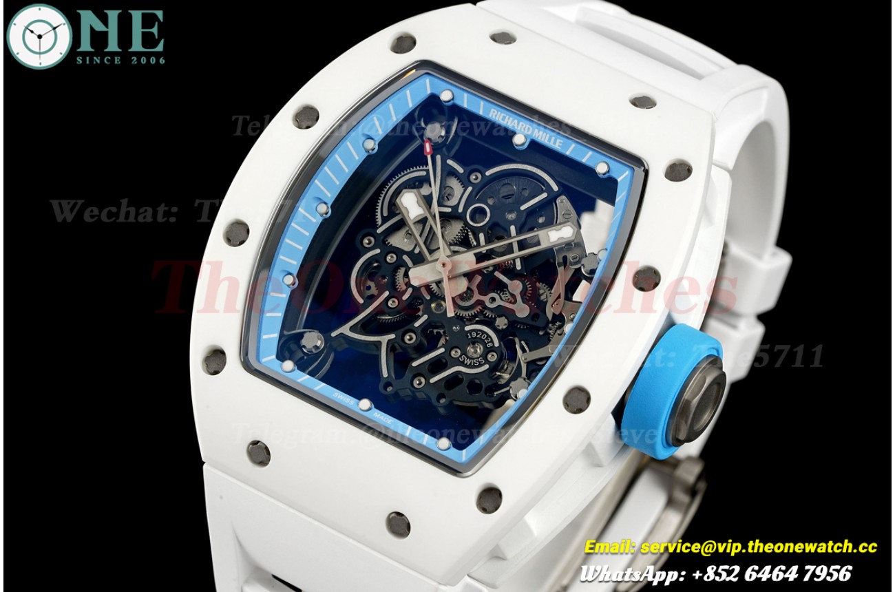 RM055 43mm White Ceramic/RU Skeleton on Blue Inner Bezel A9F RMUL2 Free Sprung